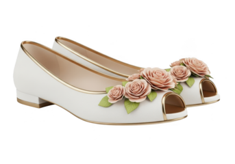 White peep-toe shoes with pink roses and gold trim, isolated on transparent background