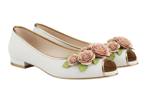 White peep-toe shoes with pink roses and gold trim, isolated on transparent background