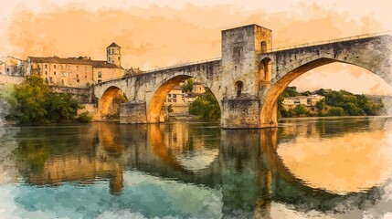 Fototapeta premium Old stone arch bridge standing over a reflective river with historic buildings on the banks during sunset in a watercolor painting style.