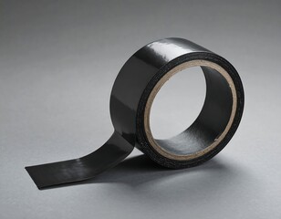 Fototapeta premium A roll of black adhesive tape, with a peel visible against a grey background