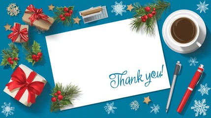 Festive thank you card surrounded by Christmas decorations, gift boxes, coffee, and pens on a blue background, presented in a flat lay with copy space.