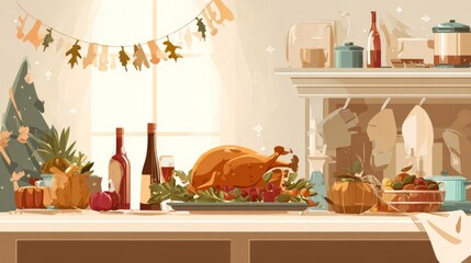 Roasted turkey centerpiece arranged on a festive holiday dinner table in a warm, inviting home interior.