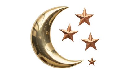 Golden crescent moon and stars isolated PNG, celestial bodies on transparent background for Ramadan and Eid decorations