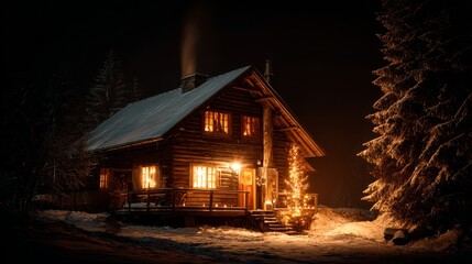 Cozy wooden log cabin glowing warmly with festive lights on a snowy winter night in a secluded forest.