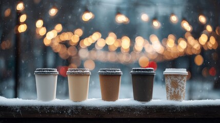 Five diverse disposable coffee cups covered in snow, lined up outdoors during winter with warm bokeh lights and falling snowflakes creating a cozy atmosphere.