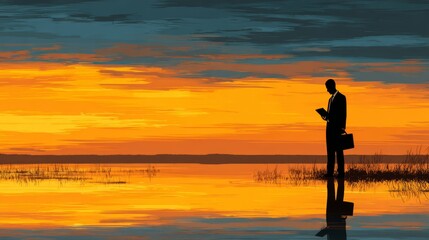 Silhouette of a businessman standing by the water, reading a document and holding a briefcase during a dramatic sunset with vivid sky reflection.