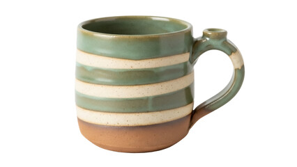 Striped ceramic mug isolated PNG on transparent background, green and beige pottery cup with handle for hot beverages and drinks