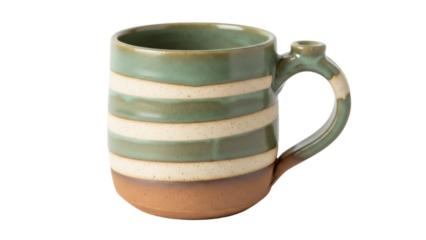 Striped ceramic mug isolated PNG on transparent background, green and beige pottery cup with handle for hot beverages and drinks