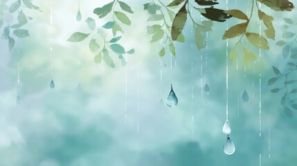 Tranquil rain scene featuring green leaves and glistening water droplets falling against a soft blue-green natural background.