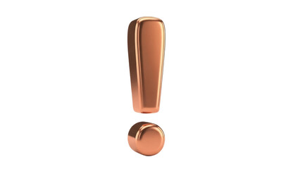 Copper exclamation mark isolated PNG on transparent background, 3D rendering of punctuation symbol for graphic design and attention