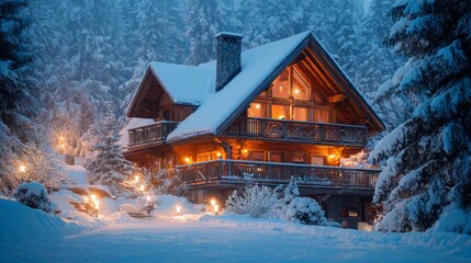 Cozy wooden cabin illuminated at night, covered in fresh snow within a tranquil winter forest landscape.