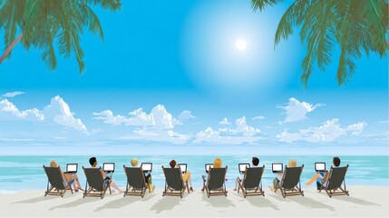 Diverse group of remote workers using laptops on beach chairs facing a tropical ocean under a bright sunny sky.