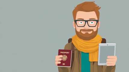 Smiling bearded man with glasses and a scarf holding a passport and a digital tablet, illustrating travel and modern communication on a solid gray background.