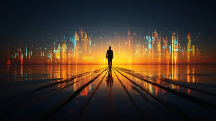 Silhouette of a person walking on a reflective surface towards a glowing abstract digital cityscape, symbolizing technology, data, and future trends.