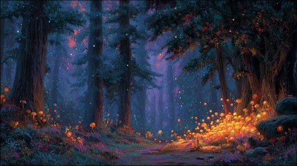 Fototapeta premium Fantasy forest landscape with a winding path illuminated by vibrant glowing mushrooms and shimmering light particles at night.