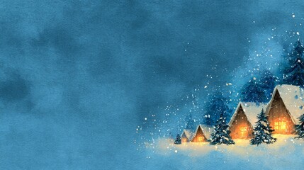 Cozy snow-covered houses glowing warmly under falling snow with evergreen trees in a blue winter night watercolor scene.