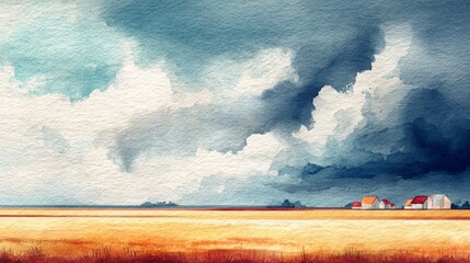 Dramatic watercolor painting of a vast golden field under an expressive sky with both stormy and serene clouds and distant rural farmhouses.