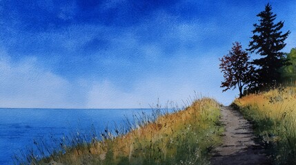 Coastal path overlooking a calm blue ocean with a vibrant blue sky and green-yellow grassy cliff, captured in a watercolor painting.