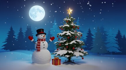 Obraz premium Happy New Year Snowman Christmas Tree Night Winter Celebration Full Moon Background Festive Holiday Landscape Decor