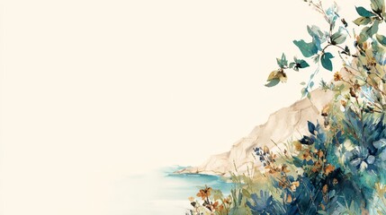 Watercolor painting featuring a coastal landscape with mountains, calm sea, and lush wildflowers in a soft artistic style, offering ample copy space.