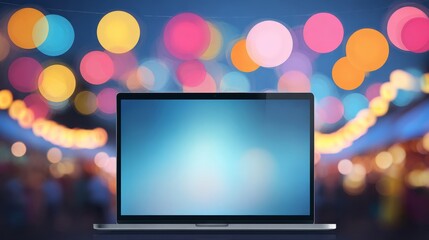 Sleek laptop with a blank screen displayed against a vibrant, blurred background of colorful bokeh lights, providing copy space.