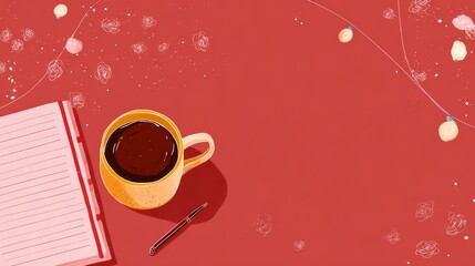 Open notebook, coffee mug with dark beverage, and a pen neatly arranged on a vibrant red background, viewed from above, providing a creative workspace and ample copy space.