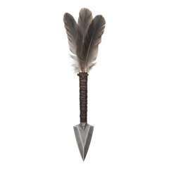 Antique feathered arrow tip with woven handle isolated on transparent background