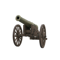 Antique cannon with wooden wheels isolated on a deep transparent background