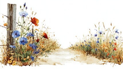 A winding dirt path leads through a vibrant field of blue cornflowers, red poppies, and dry grasses next to a rustic wooden fence post, illustrated in watercolor style.