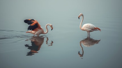 Two flamingos in calm waters