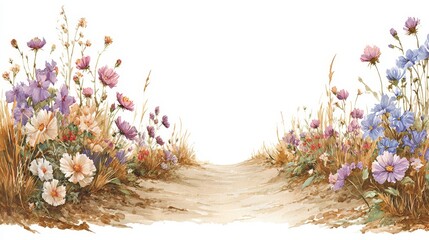 Winding path lined with colorful wildflowers and dry grasses on a white background, rendered in watercolor style.