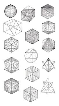 A grid of geometric wireframe figures in black, illustrating mathematical concepts on a white background