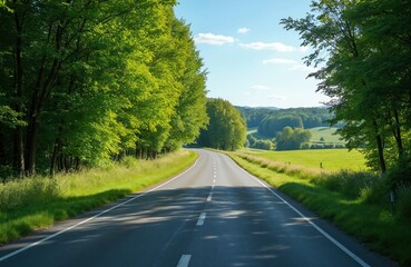 Winding road through green trees and fields. Sunny day, blue sky with clouds. Rural landscape in summertime perfect for travel and nature themes.