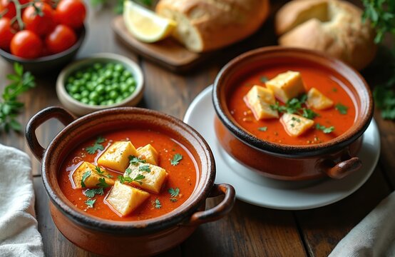 Two clay pots filled with spicy tomato soup topped with cheese and parsley. Served with crusty bread, lemon, cherry tomatoes and peas on wooden table. Rich dish warming food.