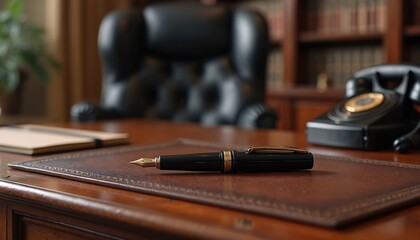 Antique desk with leather blotter and fountain pen. Vintage rotary phone and bookshelf in background. Classic executive office workspace setup.
