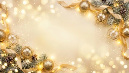Elegant Christmas border frame with golden ornaments, ribbon, and lights on a pale bokeh background.