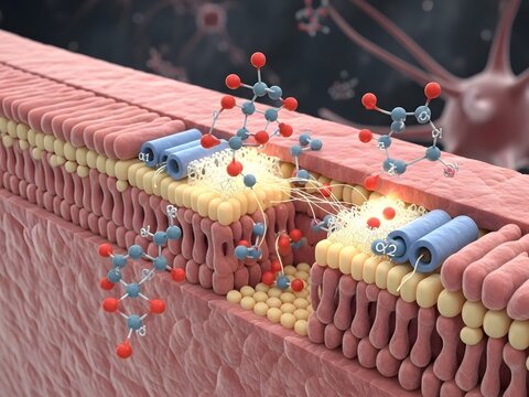 3D illustration of adrenaline (epinephrine) binding to alpha-adrenergic receptors (&alpha;1, &alpha;2) on the neuron surface. The interaction triggers vasoconstriction and other cellular responses. Glowing recept