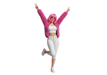 Pink-haired woman celebrating with peace signs, isolated on transparent background
