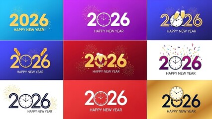 Festive 2026 new year celebrations banner design elements with clocks and firework effects