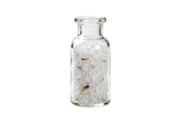 Clear glass vial filled with coarse white crystals and botanical fragments on a pure transparent backdrop