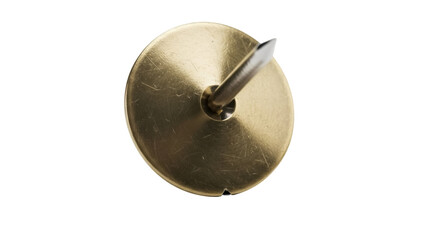 Brass push pin isolated PNG on transparent background, gold thumbtack for office and bulletin board use, shiny metal tack