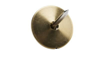 Brass push pin isolated PNG on transparent background, gold thumbtack for office and bulletin board use, shiny metal tack