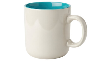 Beige ceramic mug with turquoise interior isolated PNG, coffee cup for hot drinks on transparent background, kitchenware
