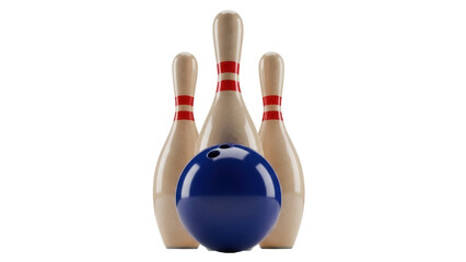 Bowling ball and pins isolated PNG, blue ball with finger holes and three bowling pins on transparent background, sport equipment