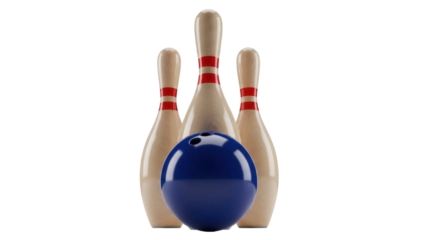 Bowling ball and pins isolated PNG, blue ball with finger holes and three bowling pins on transparent background, sport equipment