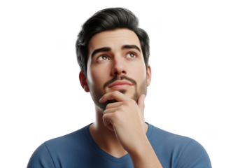 Thoughtful man looking up, isolated on transparent background