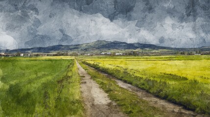 A rural dirt road stretches through expansive green and golden fields towards distant mountains under a dramatic cloudy sky, rendered in a watercolor style.