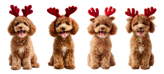 Four adorable poodle puppies wearing red reindeer antlers sit patiently, looking forward with happy expressions and tongues out, festive christmas holiday spirit celebration