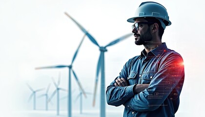 Man in hard hat and glasses stands by wind turbines. Digital blueprint overlays his arms. Engineer looks at wind farm, planning green energy development.