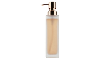 Elegant frosted glass bottle with golden pump isolated PNG, luxurious cosmetic container for lotion or soap on transparent background